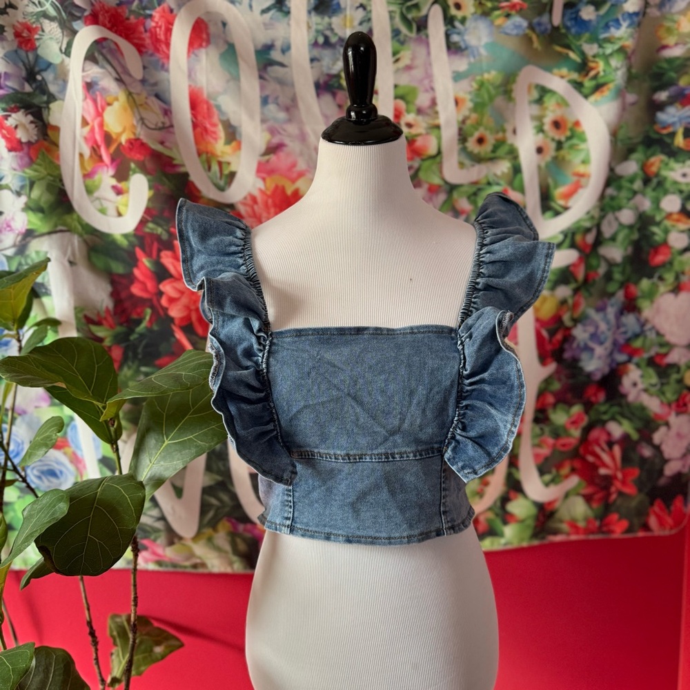Stretch Denim Ruffle Crop Top